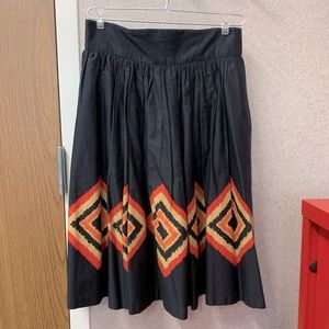 Nine West Black A Line Midi Skirt w/ Tan, Red & Orange Geometric Print